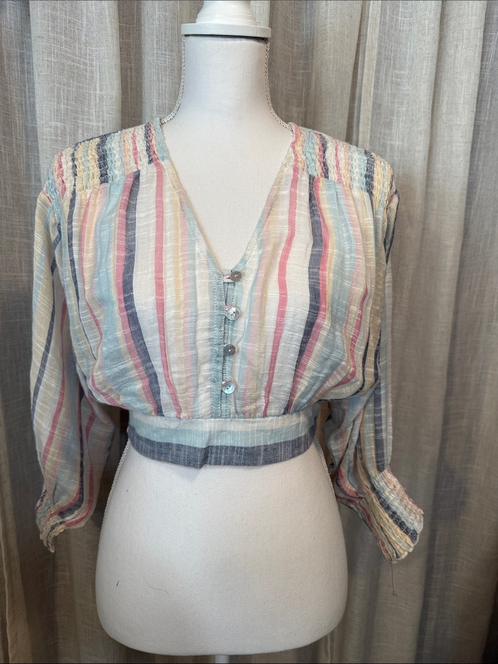 Angie Boho Striped Crop Top | Cottagecore Coastal Gauze Blouse